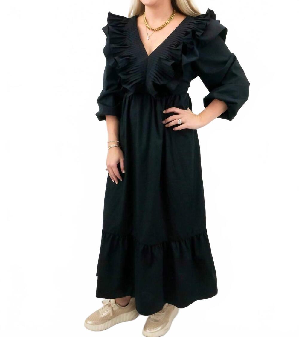 NEW ENTRO v-neck dramatic ruffle maxi dress in black